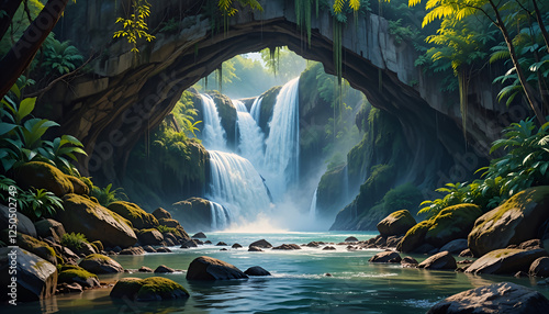 Ai generative painting of a waterfall flowing through a natural stone arch 