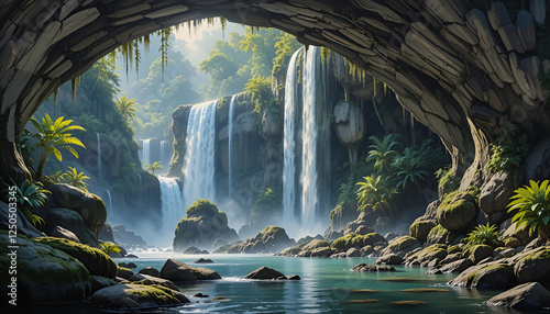 Ai generative painting of a waterfall flowing through a natural stone arch 