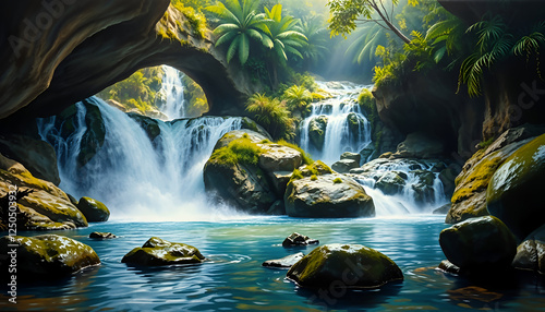 Ai generative painting of a waterfall flowing through a natural stone arch 