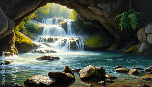 Ai generative painting of a waterfall flowing through a natural stone arch 