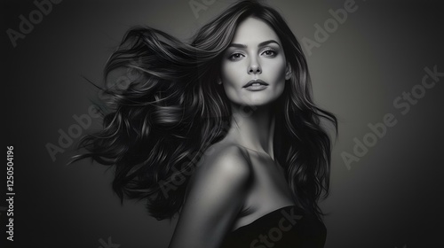 A black and white portrait of a woman with long flowing hair, exuding elegance, confidence, and timeless beauty in soft lighting.