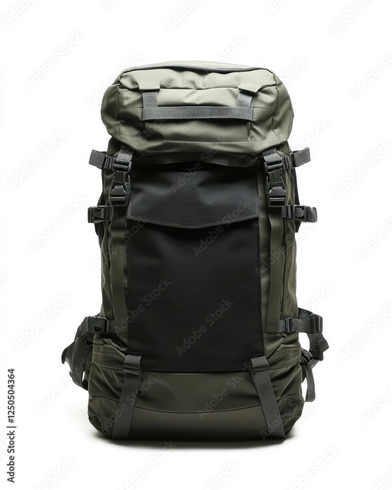 Olive-green backpack, studio shot, white background, travel gear Olive-green backpack, studio shot, white background, travel gear