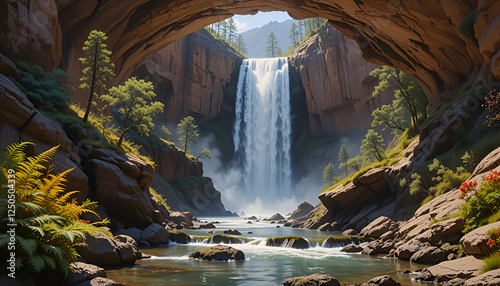Ai generative painting of a waterfall flowing through a natural stone arch 