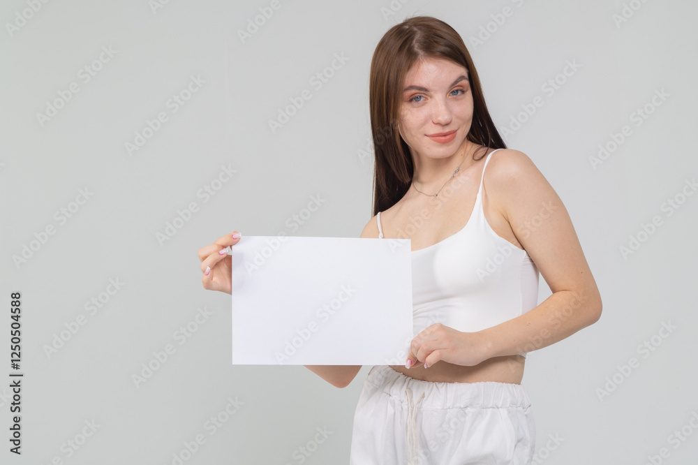 Close-up portrait of young brunette with empty A4 sheet of paper on a white background. Copyspace Close-up portrait of young brunette with empty A4 sheet of paper on a white background. Copyspace