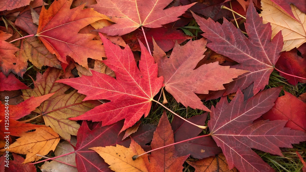 Vibrant Red Autumn Maple Leaves on Grass Vibrant Red Autumn Maple Leaves on Grass