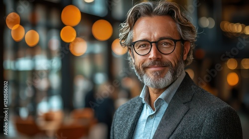 Confident Middle-Aged Man: A portrait of a smiling, confident middle-aged man with graying wavy hair and a beard, wearing glasses and a blazer. The background is softly blurred.