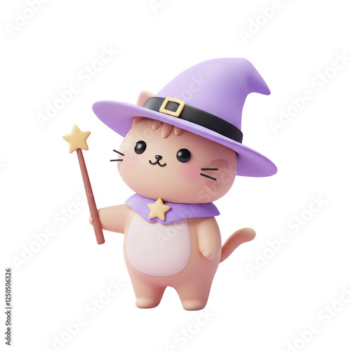 Cute cat wearing a magic wand and pastel purple witch hat.