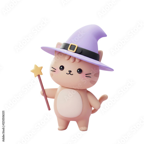 Cute cat wearing a magic wand and pastel purple witch hat.
