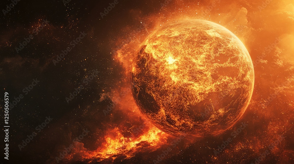 A close-up of an overheating planet, with fiery fissures spreading across its surface, emphasizing global warming effects. A close-up of an overheating planet, with fiery fissures spreading across its surface, emphasizing global warming effects.