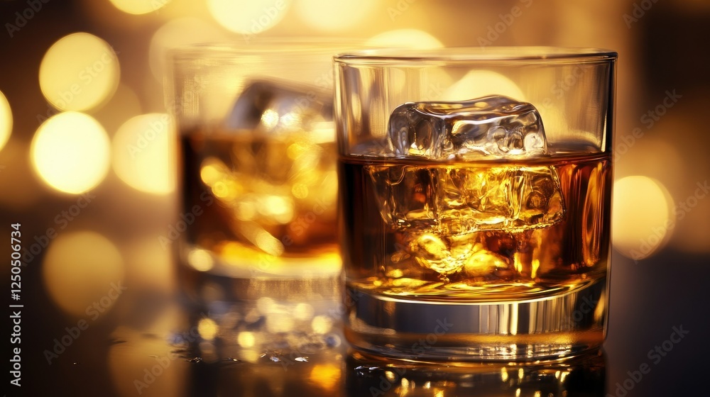 A close-up of two whiskey glasses, their golden liquid reflecting warm light, with melting ice cubes adding texture. A close-up of two whiskey glasses, their golden liquid reflecting warm light, with melting ice cubes adding texture.