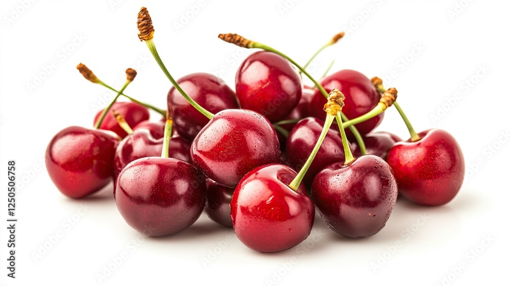 A cluster of juicy red cherries with fresh green stems, isolated on a bright white background for design use. A cluster of juicy red cherries with fresh green stems, isolated on a bright white background for design use.