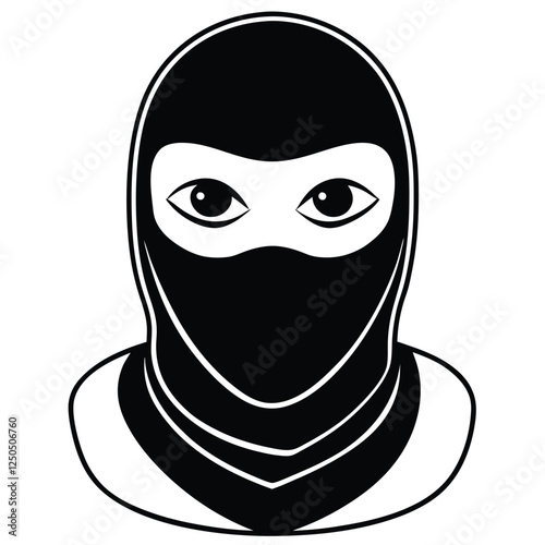 minimalist black and white line art illustration of a balaclava mask, centered on a white background. 