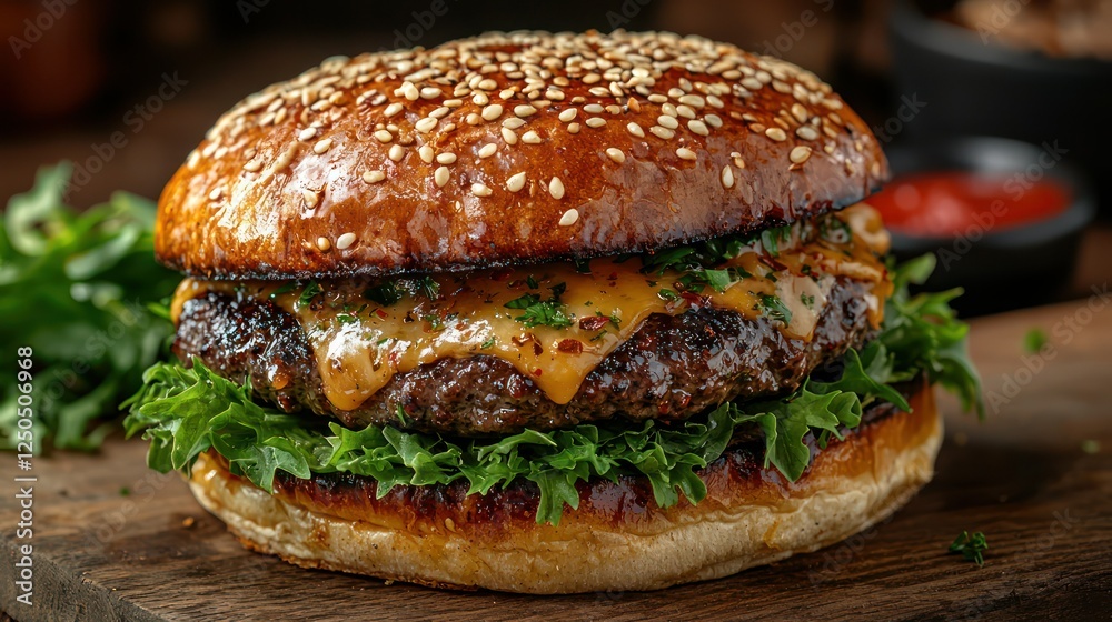 Juicy Cheeseburger: A mouthwatering close-up of a delicious cheeseburger, featuring a perfectly grilled beef patty, melted cheese, fresh lettuce, and a sesame seed bun.