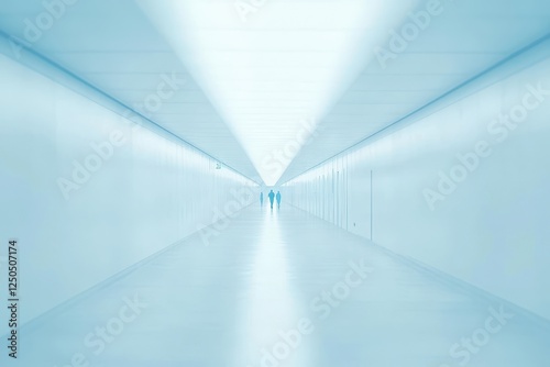 Long, bright hallway with two distant figures.
