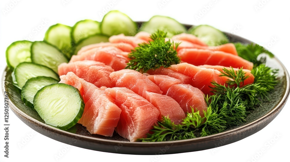 Salmon Sashimi Platter: Delicate slices of fresh salmon sashimi artfully arranged on a dark plate, garnished with vibrant cucumber slices and fresh dill. Salmon Sashimi Platter: Delicate slices of fresh salmon sashimi artfully arranged on a dark plate, garnished with vibrant cucumber slices and fresh dill.