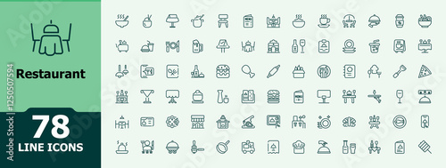 Restaurant icons set in linear style. Containing cafe, meal, kitchen, plate, dinner and more. Minimal icons. Editable vector stroke.