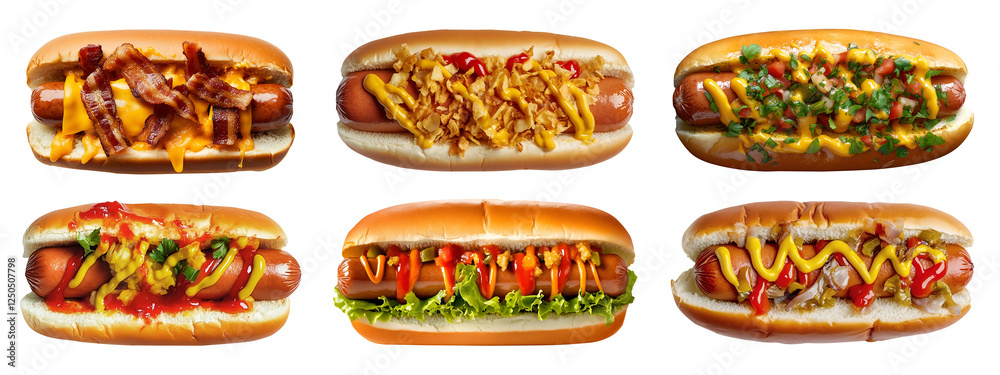 Φωτογραφία Set of hotdog hot dog frankfurter frank wiener bun sandwich, top view with different ingredients vegetable beef pork onion cheese mustard ketchup on transparent cutout PNG