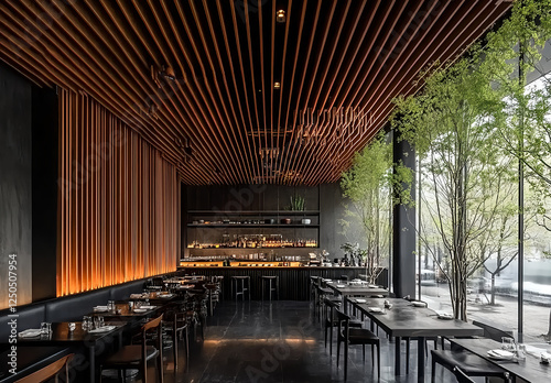 An interior design of a modern Japanese restaurant with wooden slats on the walls, a simple and minimalistic style, a dark ceiling, and a black floor. 
