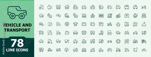 Vehicle And Transport icon set. Contains such icons as cruise, helicopter, travel, rocket, bike, cable and more. Minimalist  outline icon collection. Editable vector stroke.