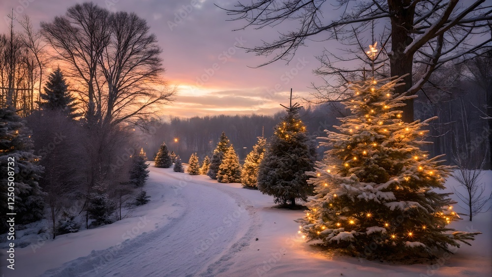 Enchanting Winter Sunset Christmas Trees Forest Path Enchanting Winter Sunset Christmas Trees Forest Path