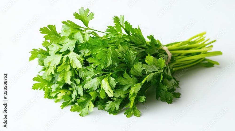 A fresh bunch of parsley with intricate leaf patterns, set against a simple white background for food photography. A fresh bunch of parsley with intricate leaf patterns, set against a simple white background for food photography.