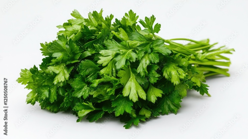 A fresh bunch of parsley with intricate leaf patterns, set against a simple white background for food photography. A fresh bunch of parsley with intricate leaf patterns, set against a simple white background for food photography.