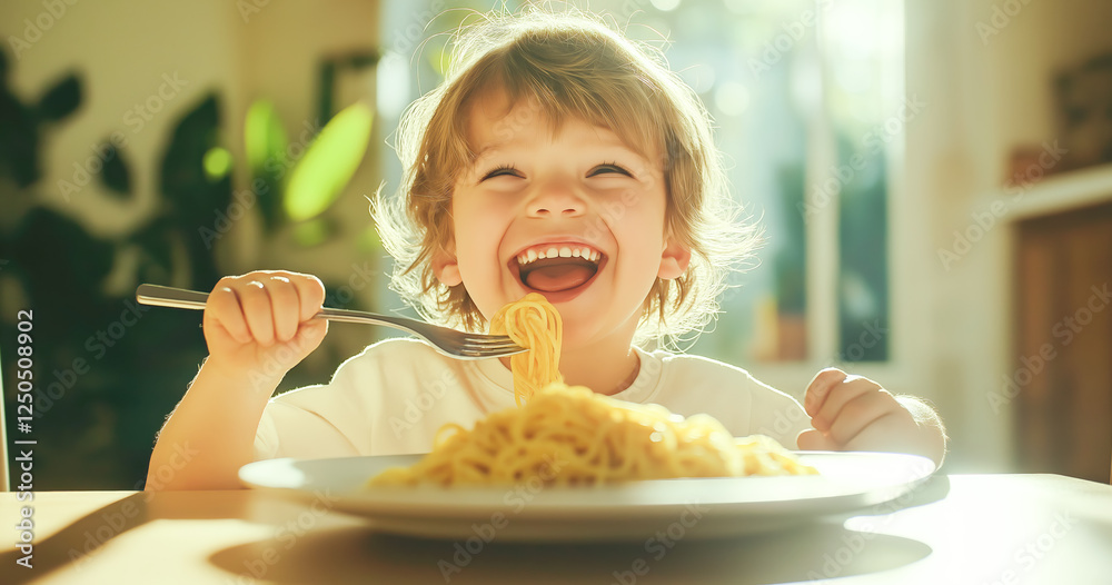 Cute little kid boy eating spaghetti bolognese or pasta macaroni bolognese at home. Happy child eating fresh cooked healthy meal with noodles. Generative Ai. Cute little kid boy eating spaghetti bolognese or pasta macaroni bolognese at home. Happy child eating fresh cooked healthy meal with noodles. Generative Ai.