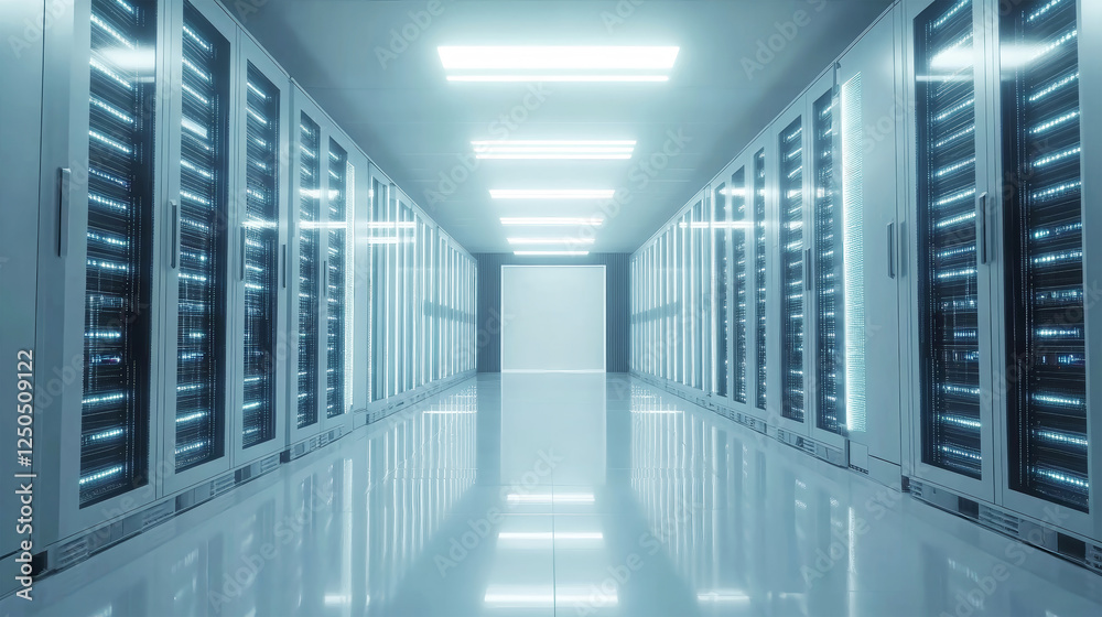 Fototapeta premium Illuminated high-tech data center showcasing sleek rows of server equipment in a reflective environment