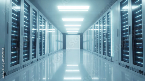 Illuminated high-tech data center showcasing sleek rows of server equipment in a reflective environment