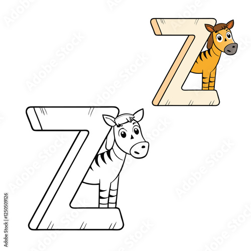 A fun coloring page featuring the letter "Z" with a zorse, a unique zebra-horse hybrid. Perfect for kids to color and learn the letter "Z" while exploring this fascinating animal.