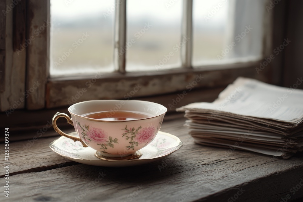 Teacup, newspapers, window, rural view, quiet morning Teacup, newspapers, window, rural view, quiet morning