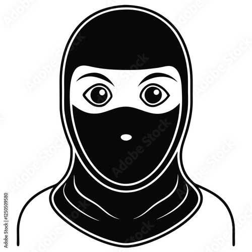 minimalist black and white line art illustration of a balaclava mask, centered on a white background. 
