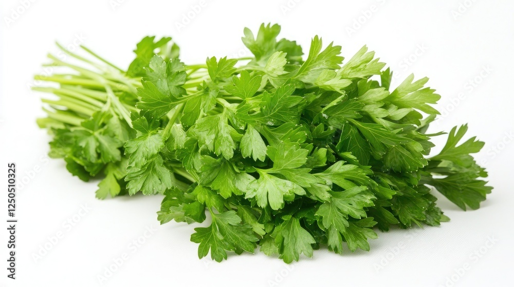 A high-quality image of crisp green parsley, showcasing its fresh texture and vibrant color against a clean white surface. A high-quality image of crisp green parsley, showcasing its fresh texture and vibrant color against a clean white surface.