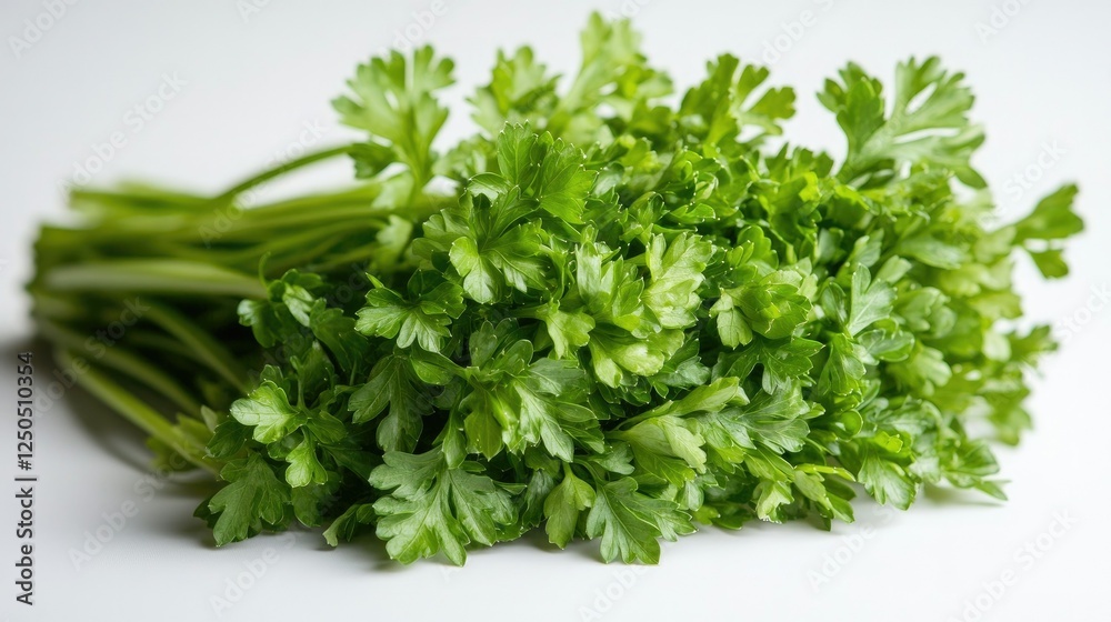 A high-quality image of crisp green parsley, showcasing its fresh texture and vibrant color against a clean white surface. A high-quality image of crisp green parsley, showcasing its fresh texture and vibrant color against a clean white surface.
