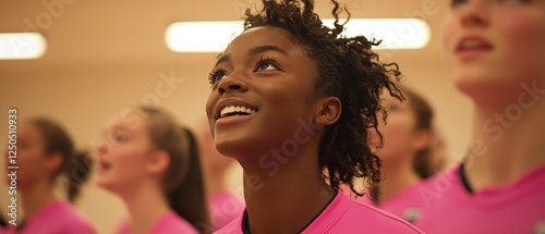 Joyful teammates in pink jerseys looking up with excitement and positivity during a group activity or sports event photo