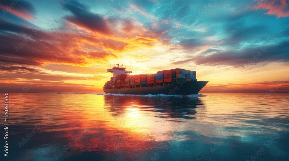 A maritime scene of a container ship navigating through serene waters, silhouetted against a stunning sunset. A maritime scene of a container ship navigating through serene waters, silhouetted against a stunning sunset.