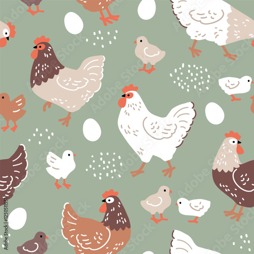 Seamless vector pattern with hens, chicks and eggs. Hand drawn Easter illustration with chickens. Perfect for textile, wallpaper or nursery print design. EPS10 vector file.