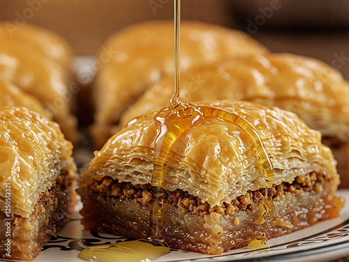 Baklava is a rich, sweet pastry made with layers of flaky phyllo dough, filled with chopped nuts, and sweetened with honey or sugar syrup. photo