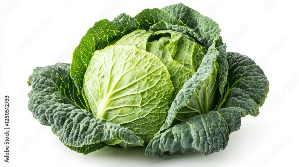 Fototapeta premium A perfectly fresh green cabbage with layered, crisp leaves, isolated on a clean white background.