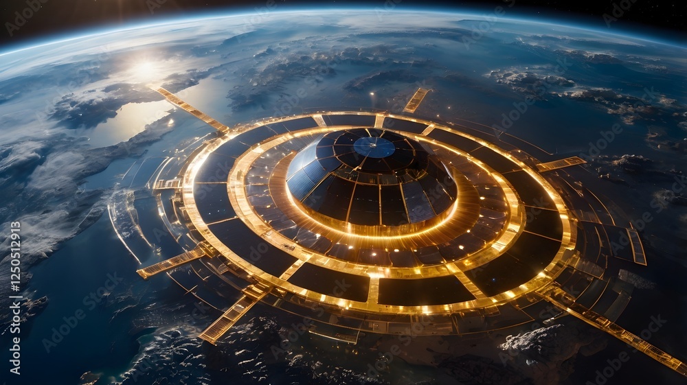 A massive AI-controlled space-based solar power station orbiting Earth, capturing sunlight with enormous AI-managed reflectors and beaming energy wirelessly to cities below, ensuring a constant power A massive AI-controlled space-based solar power station orbiting Earth, capturing sunlight with enormous AI-managed reflectors and beaming energy wirelessly to cities below, ensuring a constant power