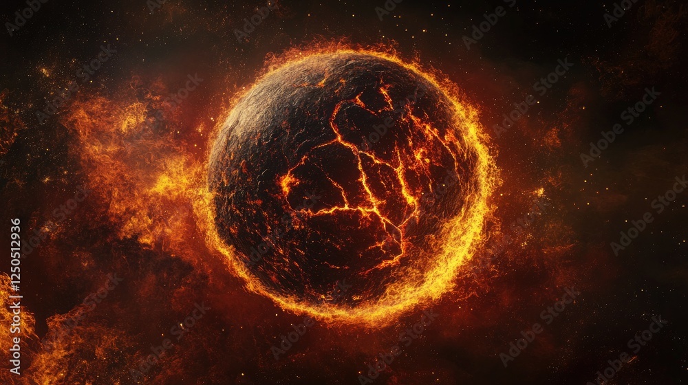 A planet on the verge of collapse, glowing with fiery red fractures and surrounded by flames, symbolizing global warming. A planet on the verge of collapse, glowing with fiery red fractures and surrounded by flames, symbolizing global warming.
