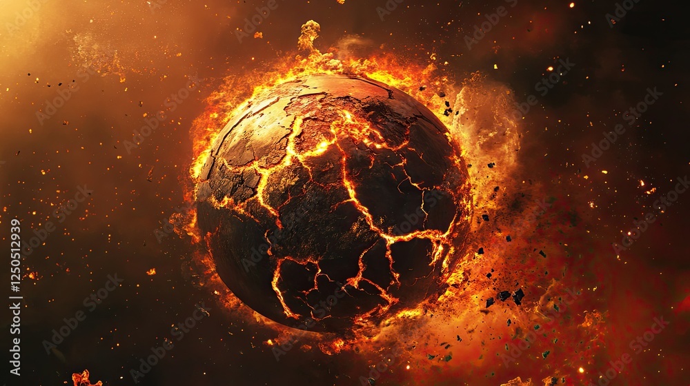 A planet on the verge of collapse, glowing with fiery red fractures and surrounded by flames, symbolizing global warming. A planet on the verge of collapse, glowing with fiery red fractures and surrounded by flames, symbolizing global warming.