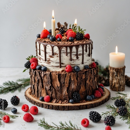 A rustic woodland-inspired birthday cake with chocolate tree bark textures, fresh berries, and soft glowing candles, fully visible on a white backdrop.