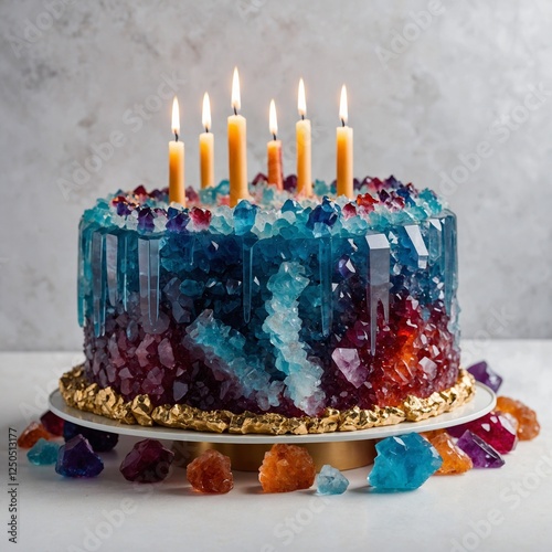 A stunning crystal geode birthday cake with edible rock candy formations, deep jewel tones, and elegant candles, fully visible on a pure white background.