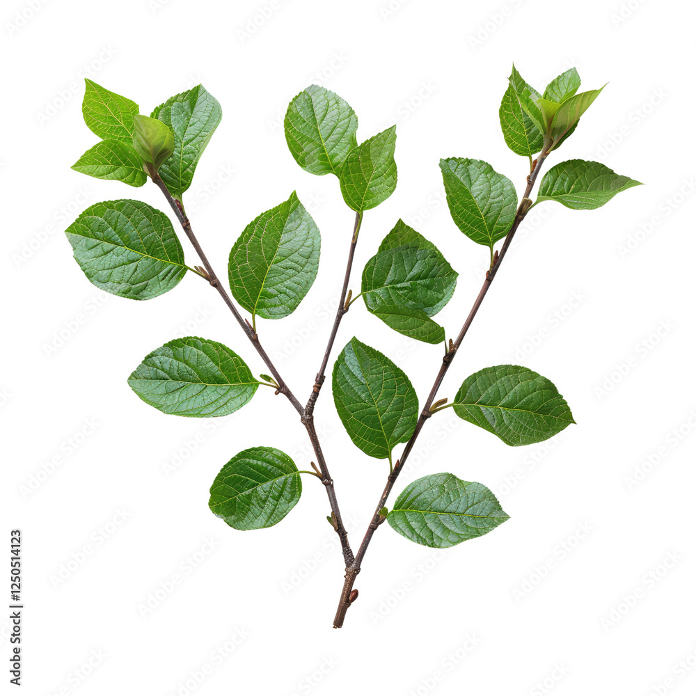 Fototapeta premium fresh green leaves with branch isolated on transparent background, piece of plant