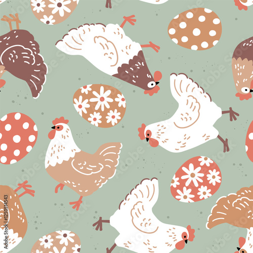 Seamless vector pattern with hens and Easter eggs. Hand drawn illustration with cute chickens. Perfect for textile, wallpaper or nursery print design. EPS10 vector file.