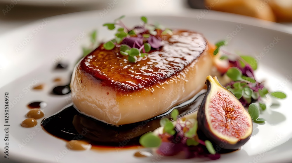 Seared foie gras with fig, balsamic glaze, and microgreens, gourmet cuisine close up Seared foie gras with fig, balsamic glaze, and microgreens, gourmet cuisine close up