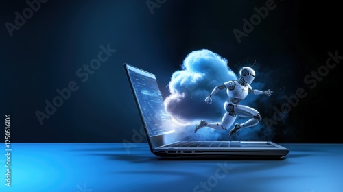 Robot running out of a laptop, AI coach, AI Powered, AI Trainers, AI assistant, AI Agent