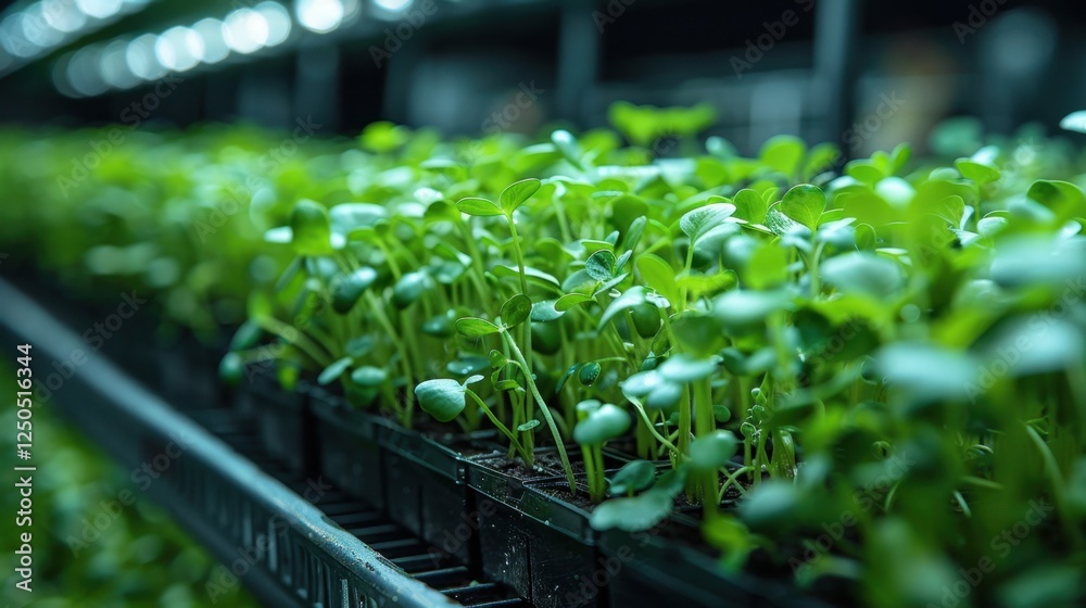 Rows of lush microgreens in an indoor garden, soft ambient lighting, minimalist background Rows of lush microgreens in an indoor garden, soft ambient lighting, minimalist background
