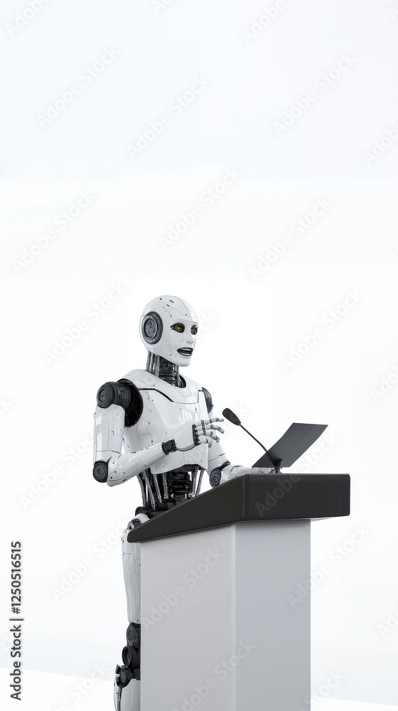 AI robot giving a speech at a podium, AI coach, AI Powered, AI Trainers, AI assistant, AI Agent AI robot giving a speech at a podium, AI coach, AI Powered, AI Trainers, AI assistant, AI Agent